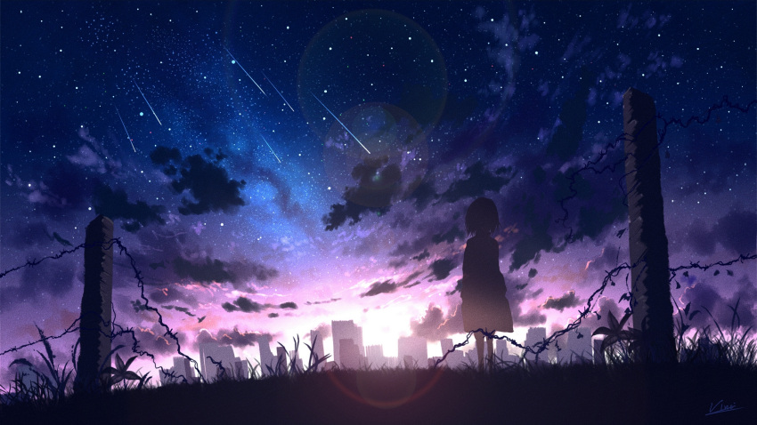 1girl, apocalypse, barbed_wire, blue_sky, commentary, facing_away, fence, gradient_sky