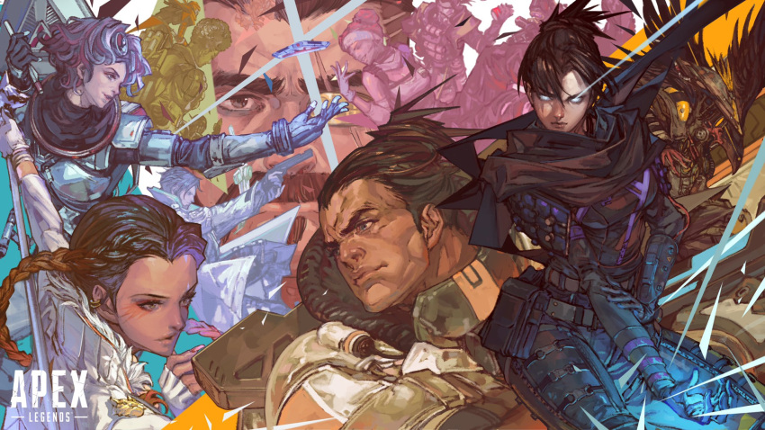 1other, 5girls, 6+boys, ambiguous_gender, apex_legends, bangalore_(apex_legends), bird, black_hair, bloodhound_(apex_legends), blue_eyes, braid, breasts, brown_eyes, caustic_(apex_legends), crow, crypto_(apex_legends), dark_skin, dark-skinned_female, dark_skinned_male, double_bun, eyeshadow, facial_hair, fuse_(apex_legends), gas_mask, gibraltar_(apex_legends), glowing, glowing_eyes, goggles, goggles_on_head, gun, hair_behind_ear, handgun, helmet, highres, holding, holding_gun, holding_weapon, horizon_(apex_legends), humanoid_robot, jacket, kazama_raita, leaning_back, lifeline_(apex_legends), loba_(apex_legends), looking_down, makeup, medium_breasts, multiple_boys, multiple_girls, mustache, octane_(apex_legends), one-eyed, one_eye_covered, open_hand, orange_hair, pathfinder_(apex_legends), pistol, red_eyeshadow, redhead, revenant_(apex_legends), science_fiction, short_hair, soul_patch, twin_braids, weapon, white_eyes, white_jacket, wraith_(apex_legends), yellow_eyes