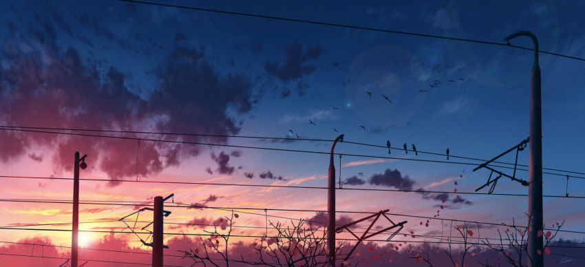 bird, blue_sky, clouds, commentary_request, gradient_sky, lens_flare, no_humans, original