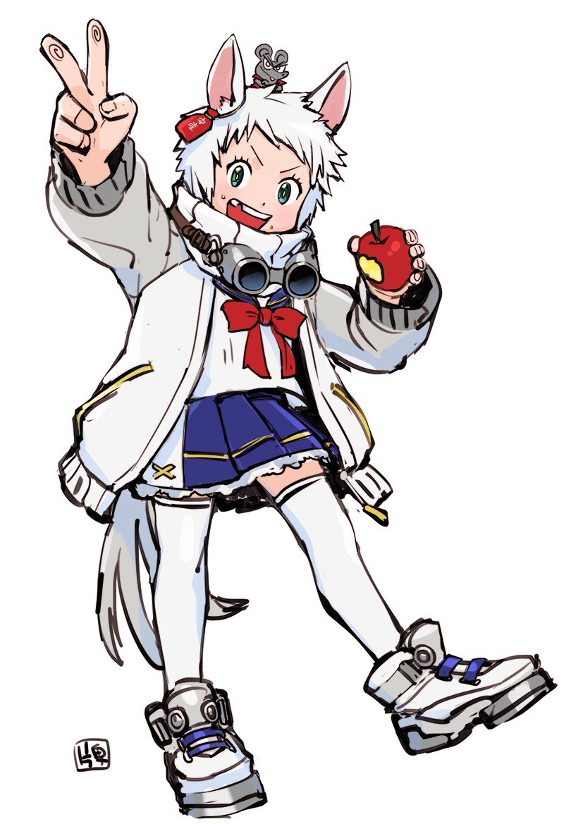 1girl, animal_ears, apple, blue_eyes, blue_skirt, chuubei_(midori_no_makibaoo), food, fruit