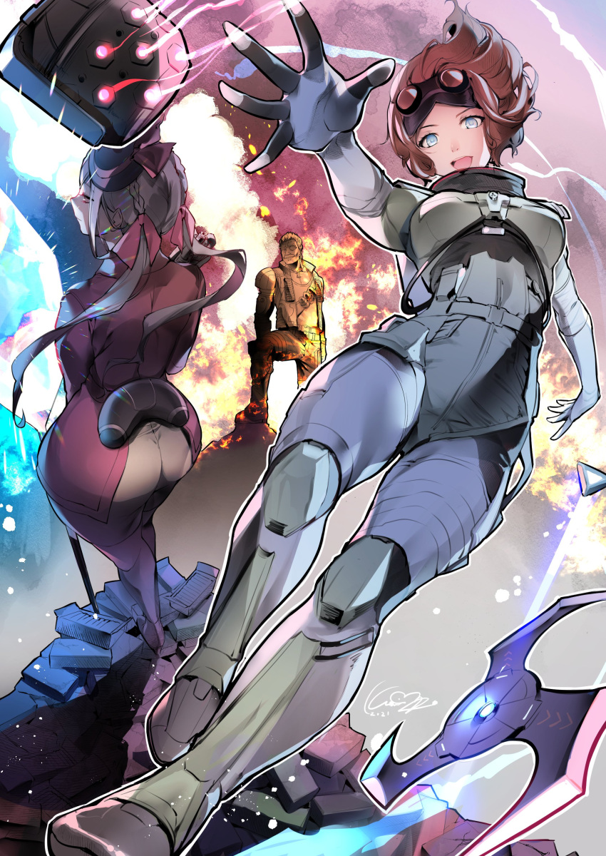 1boy, 2girls, absurdres, apex_legends, ass, bodysuit, breasts, cane, explosion, explosive, floating, floating_hair, fuse_(apex_legends), goggles, goggles_on_head, grenade, highres, holding, holding_cane, horizon_(apex_legends), jacket, karory, loba_(apex_legends), looking_ahead, looking_at_viewer, looking_back, medium_breasts, multiple_girls, one_eye_covered, red_jacket, short_hair, shuriken, signature, smile, standing, throwing, twintails, victorian, white_hair