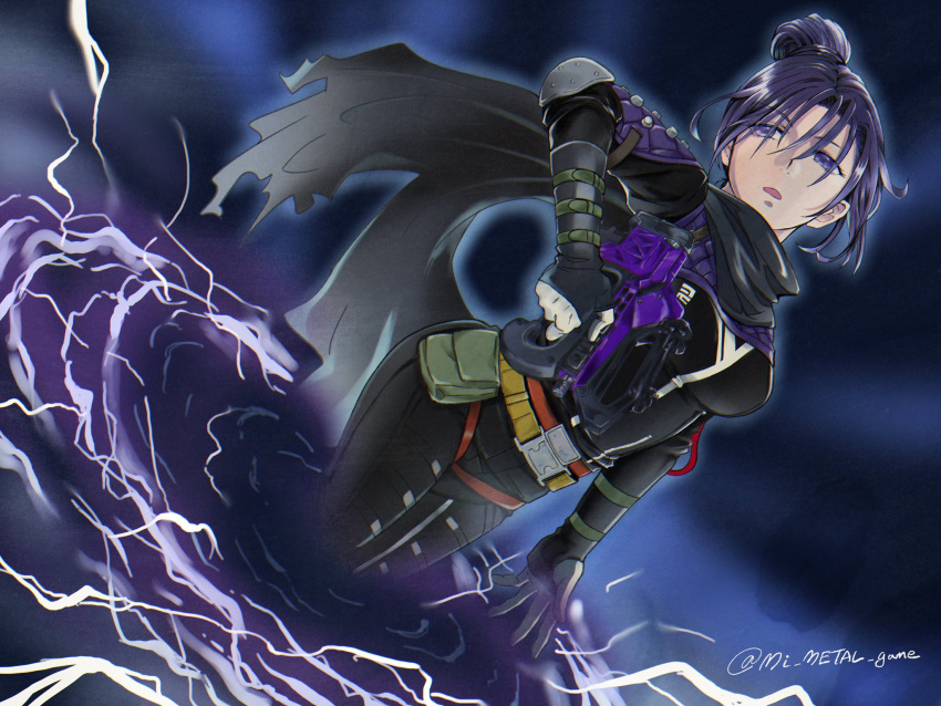 1girl, apex_legends, bangs, black_bodysuit, black_gloves, black_scarf, blue_eyes, bodysuit, breasts, floating_hair, gloves, gun, hair_behind_ear, highres, holding, holding_gun, holding_weapon, looking_back, medium_breasts, mi_metal, parted_bangs, portal_(object), prowler_smg, purple_hair, scarf, solo, submachine_gun, twitter_username, weapon, wraith_(apex_legends)