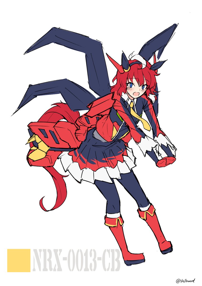 1girl, after_war_gundam_x, animal_ears, black_skirt, blue_eyes, floating_neckwear, gundam, gundam_virsago_chest_break