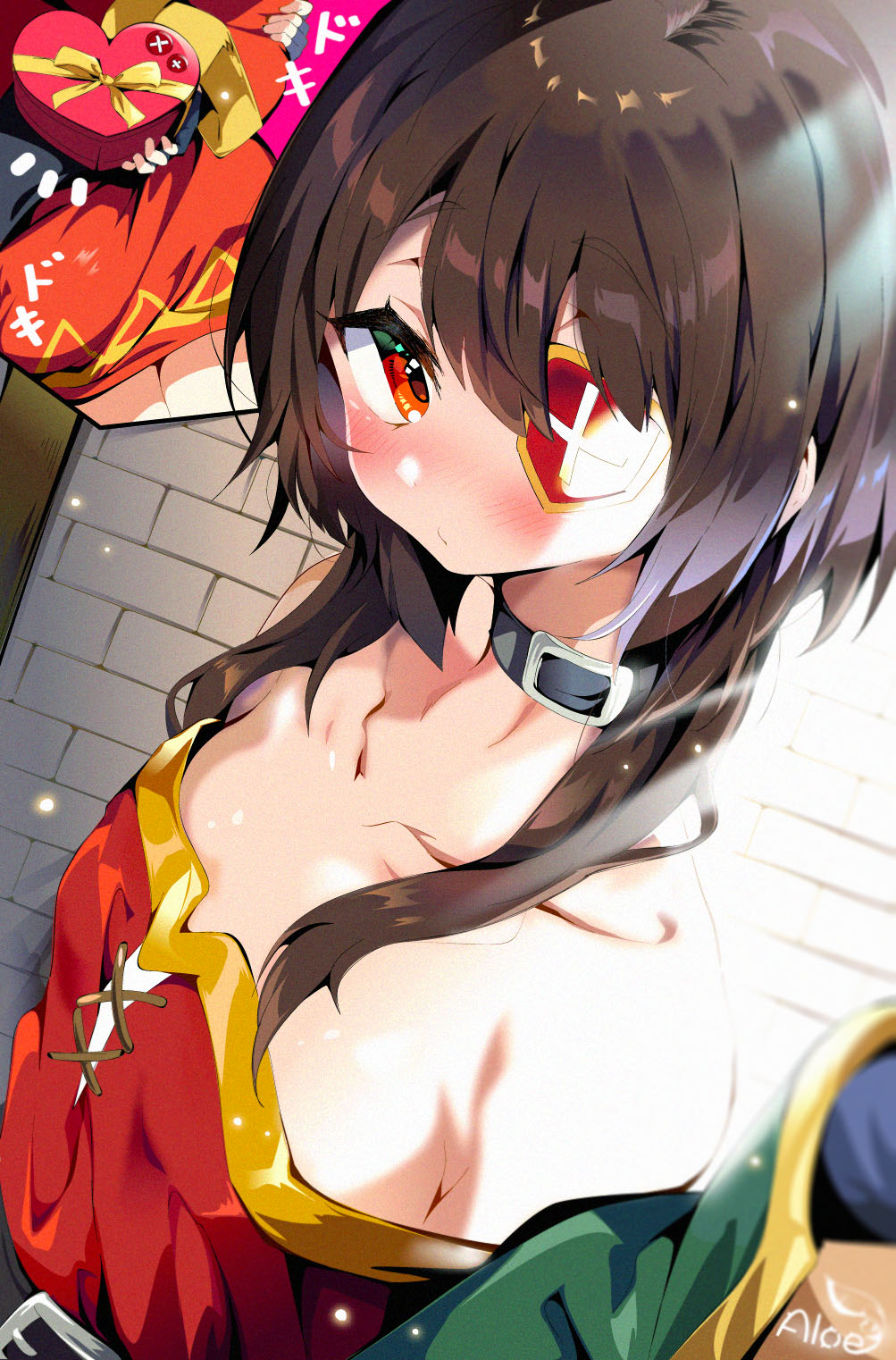 1girl, aloe_(kenkou3733), black_choker, blush, box, brown_hair, choker, commentary_request