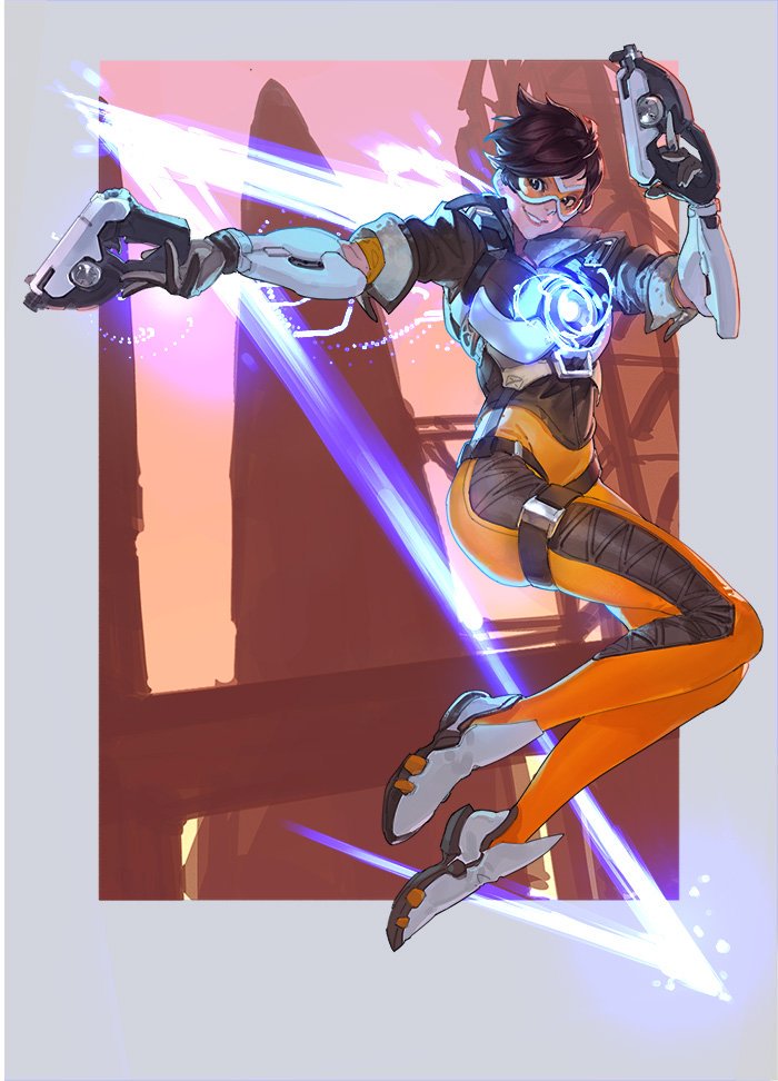 1girl, bodysuit, border, brown_eyes, brown_hair, dual_wielding, goggles, grey_border