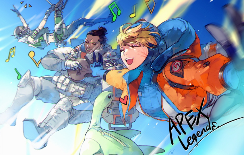 1girl, 2boys, ^_^, apex_legends, black_hair, blonde_hair, blue_bodysuit, blue_gloves