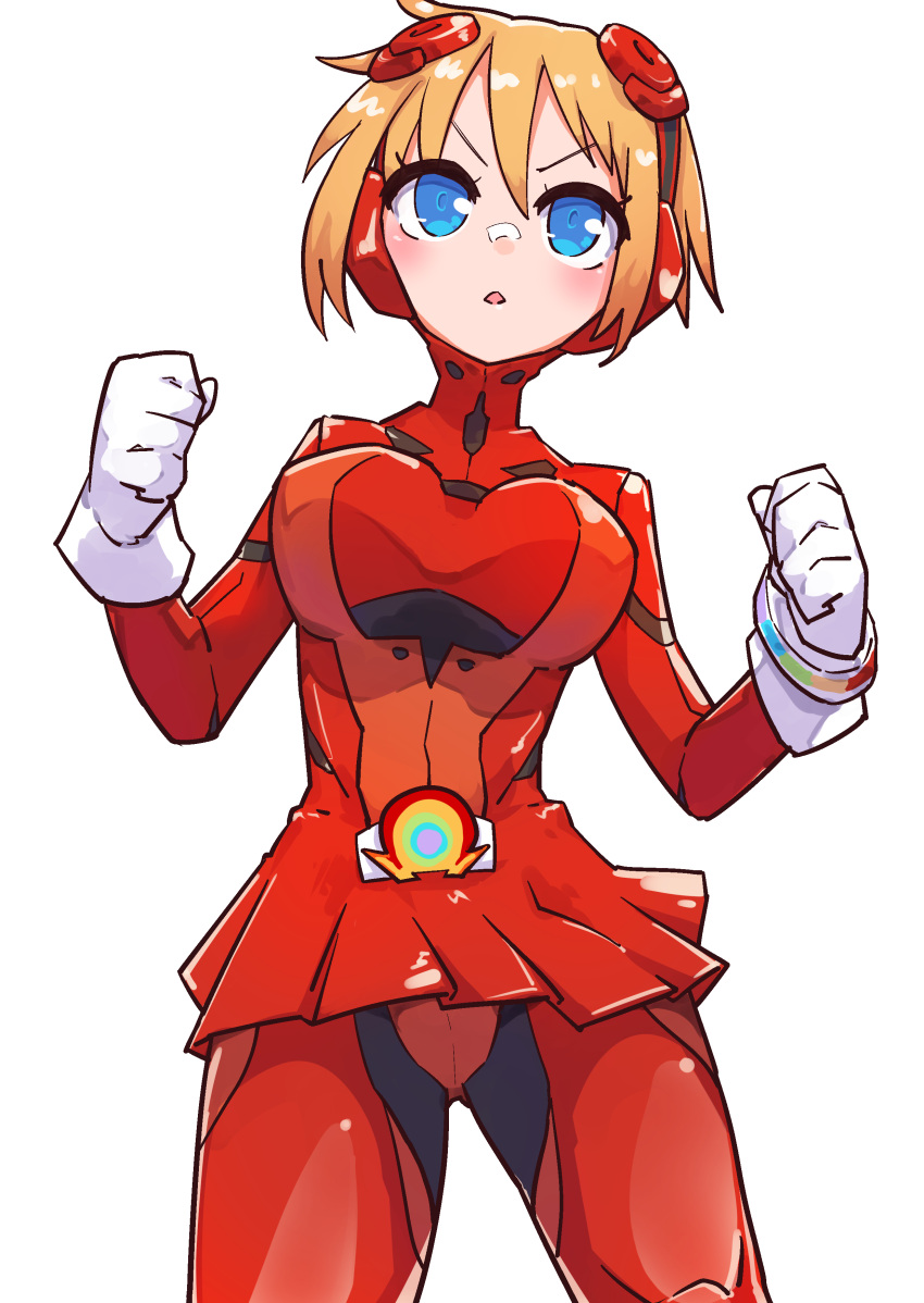 1girl, absurdres, bandaid, bandaid_on_nose, blonde_hair, blue_eyes, blush, bodysuit, cowboy_shot, disgaea, gloves, hair_between_eyes, highres, legs_apart, looking_at_viewer, makai_senki_disgaea_6, nijino_piyori, open_mouth, red_bodysuit, red_skirt, sentai, shiny, shiny_clothes, short_hair, simple_background, skin_tight, skirt, solo, standing, white_background, white_gloves, yamaiimo
