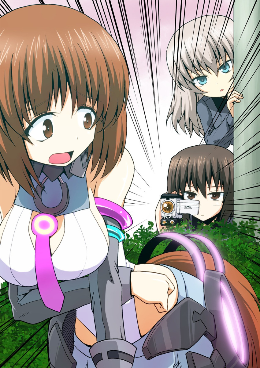 3girls, around_corner, blue_eyes, breast_hold, breasts, brown_eyes, brown_hair, camera, commentary, cosplay, day, detached_sleeves, dress_shirt, emphasis_lines, fake_tail, frown, girls_und_panzer, grey_shirt, grey_skirt, grey_sleeves, highleg, highleg_leotard, highres, holding, holding_camera, horse_tail, itsumi_erika, kamishima_kanon, kuromorimine_school_uniform, leaning_forward, leotard, light_frown, long_sleeves, looking_at_another, looking_back, lowleg, lowleg_skirt, medium_breasts, medium_hair, mihono_bourbon, mihono_bourbon_(cosplay), multiple_girls, necktie, nishizumi_maho, nishizumi_miho, open_mouth, outdoors, parted_lips, purple_neckwear, recording, school_uniform, shirt, short_hair, siblings, silver_hair, siscon, sisters, skirt, standing, tail, umamusume, white_leotard, wing_collar