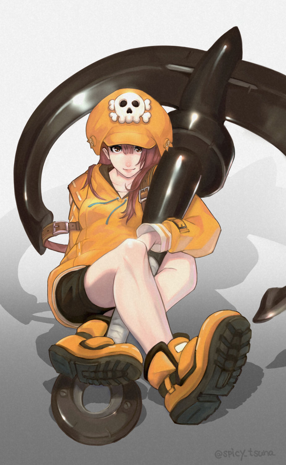 1girl, anchor, bandages, black_shorts, brown_eyes, brown_hair, closed_mouth, collarbone