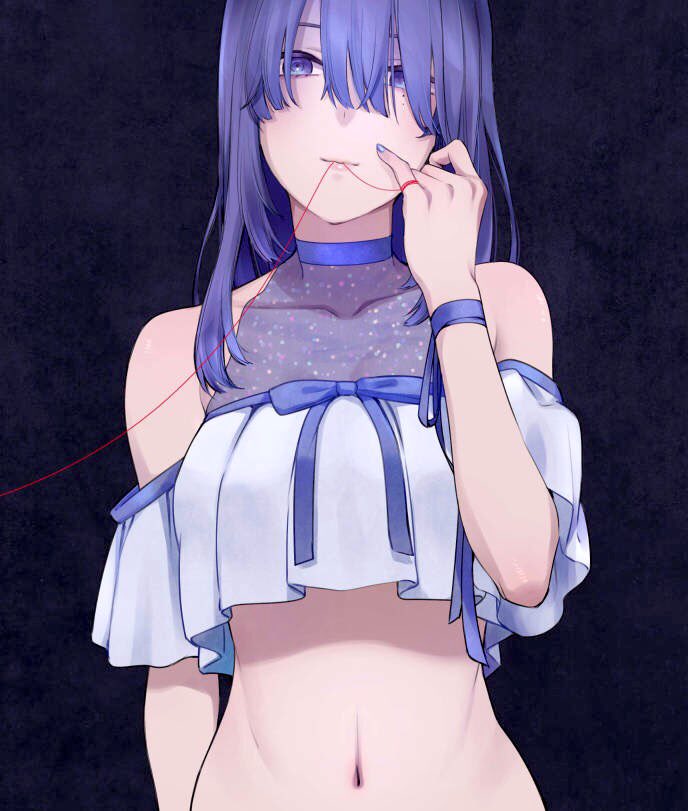 1girl, aoe_nagi, bangs, bare_shoulders, black_background, blue_choker, bow, breasts, choker, eyebrows_behind_hair, hair_over_eyes, hair_over_one_eye, long_hair, looking_at_viewer, medium_breasts, minenami_ryou, mole, mole_under_eye, mouth_hold, navel, shounen_no_abyss, smile, solo, string, string_of_fate, upper_body
