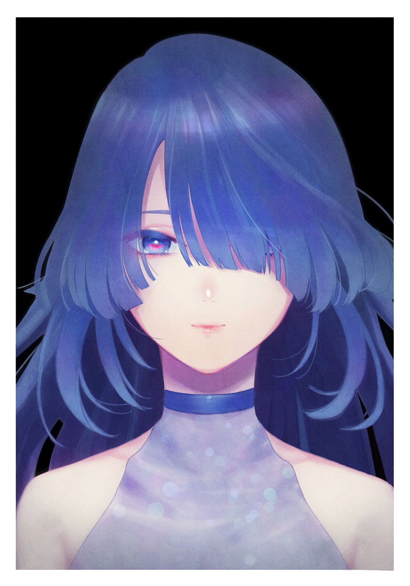 1girl, aoe_nagi, bare_shoulders, black_background, blue_choker, blue_eyes, blue_hair, border