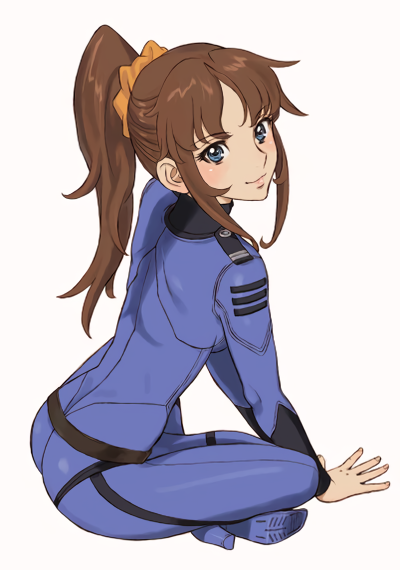 1girl, bangs, blue_bodysuit, blue_eyes, bodysuit, brown_hair, full_body, hair_ornament