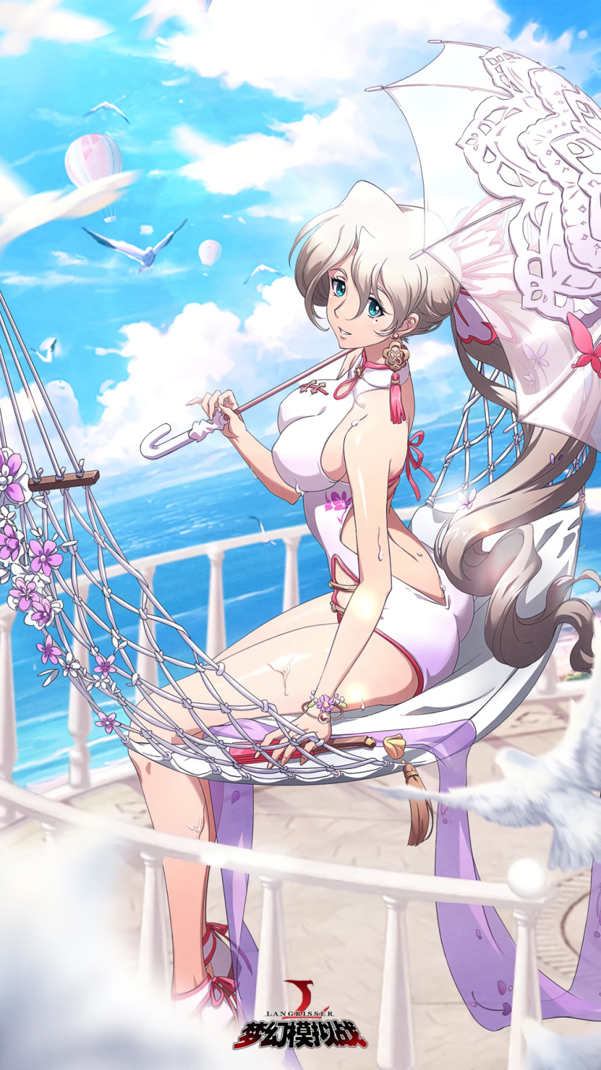1girl, aircraft, bird, blue_eyes, blurry, bracelet, chinese_clothes, closed_fan