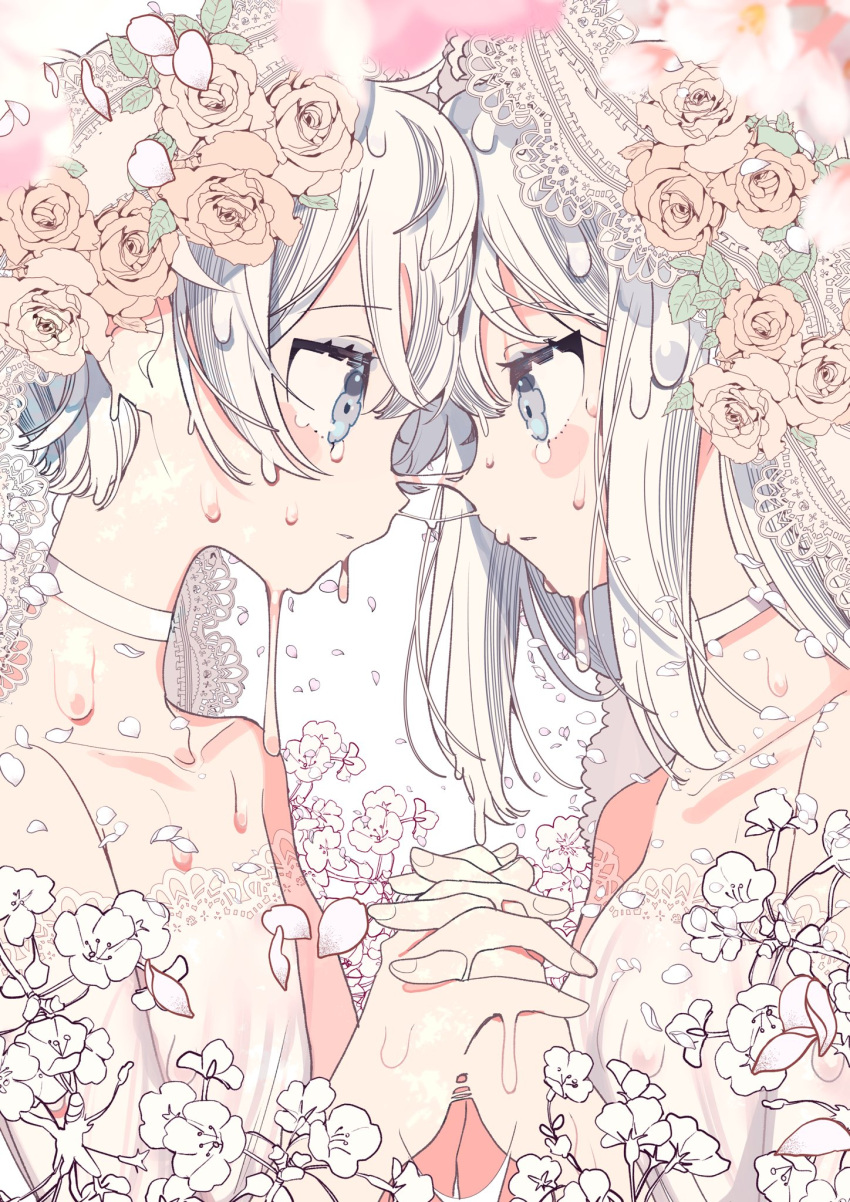 2girls, bare_shoulders, beige_shirt, blurry, blush_stickers, breasts, cherry_blossoms, choker, closed_mouth, collarbone, depth_of_field, expressionless, eye_contact, eyebrows_visible_through_hair, fingernails, flat_chest, flower, forehead-to-forehead, from_side, grey_eyes, grey_hair, hands_up, highres, holding_hands, lace, lace-trimmed_shirt, lace_trim, liquid, looking_at_another, medium_hair, melting, multiple_girls, off-shoulder_shirt, off_shoulder, orange_flower, orange_rose, original, pastel_colors, petals, pink_flower, profile, rose, shirt, short_hair, simple_background, small_breasts, straight_hair, tears, tsurime, upper_body, very_short_hair, watariganikun, water, water_drop, wet, wet_hair, white_background, white_choker, white_flower, white_theme, yellow_flower, yellow_rose