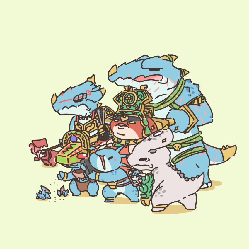 6+others, artist_request, black_eyes, blue_scales, carnosaur, chibi, colored_skin, commentary_request, crocodilian, dinosaur, frog, gor-rok, green_background, grymloq, highres, korean_commentary, kroq-gar, kroxigor, lizardman, lizardman_(warhammer_fantasy), mazdamundi, multiple_others, nakai_(warhammer_fantasy), no_humans, pterosaur, red_skin, saurus, simple_background, skink, slann, tehenhauin, terradon, tiktaq'to, warhammer_fantasy, white_scales, yellow_eyes