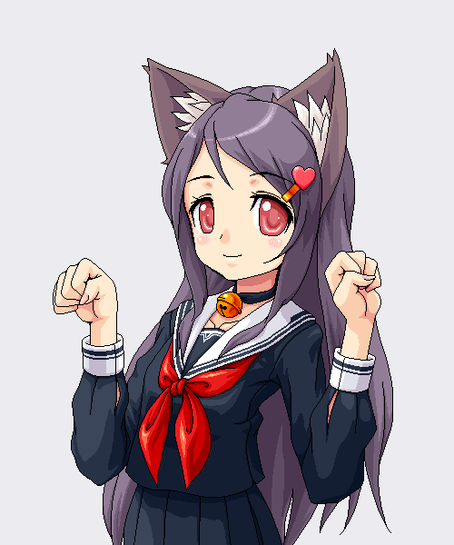 bell, black_hair, cat_ears, cat_pose, hair_ornament, hairclip, jingle_bell, long_hair