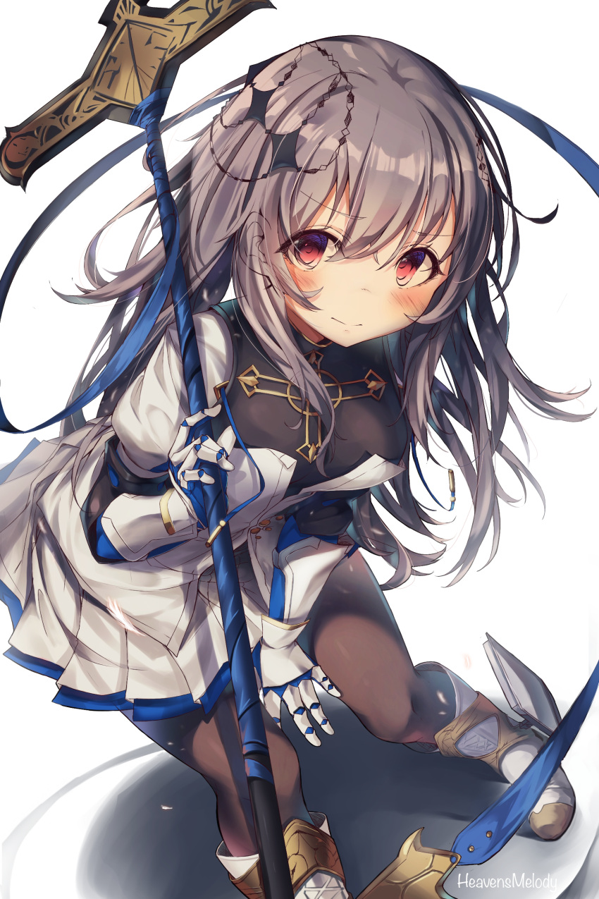 1girl, absurdres, azur_lane, bangs, bent_over, blush, breasts, cross, ears_visible_through_hair, eyebrows_visible_through_hair, eyes_visible_through_hair, gauntlets, grey_hair, hair_ornament, heaven's_melody, highres, long_hair, looking_at_viewer, medium_breasts, pleated_skirt, polearm, red_eyes, saint-louis_(azur_lane), sidelocks, simple_background, skirt, smile, solo, spear, weapon, white_background, younger