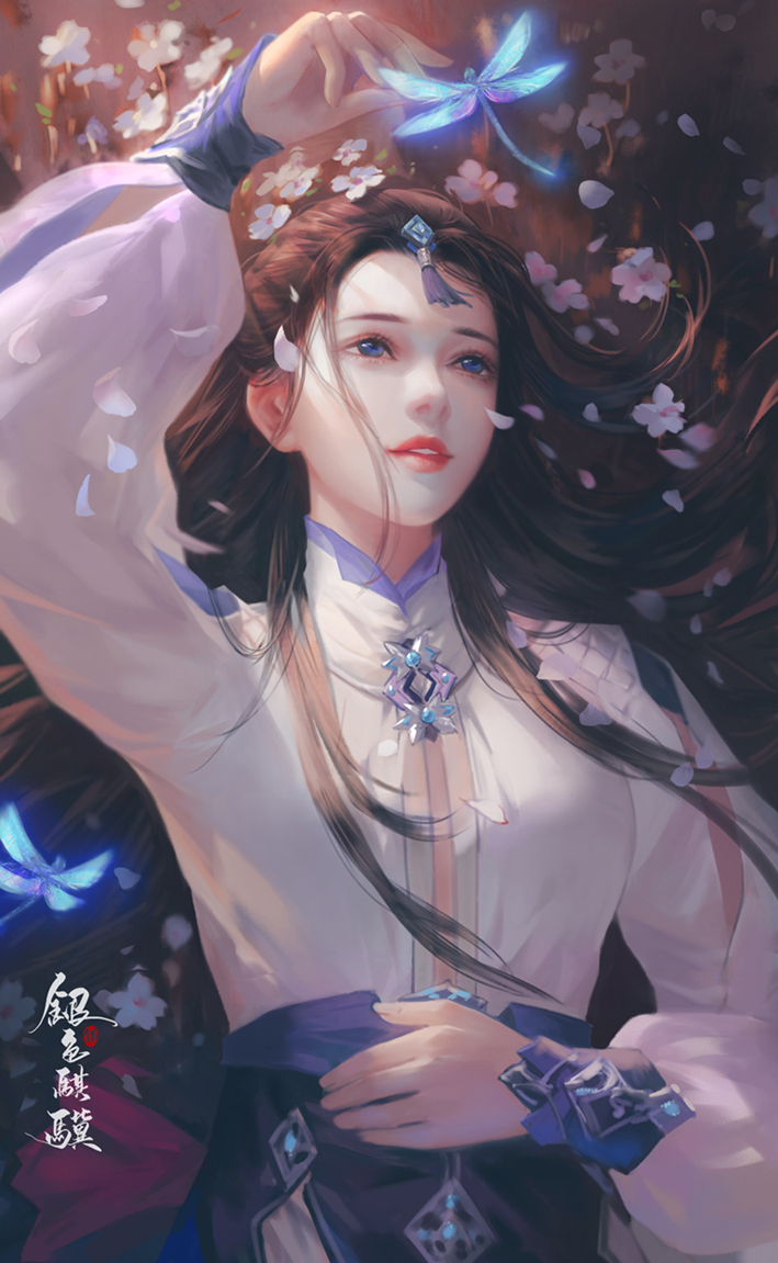 1girl, black_hair, blue_eyes, breasts, bug, dragonfly, flower, gu_jian_qi_tan