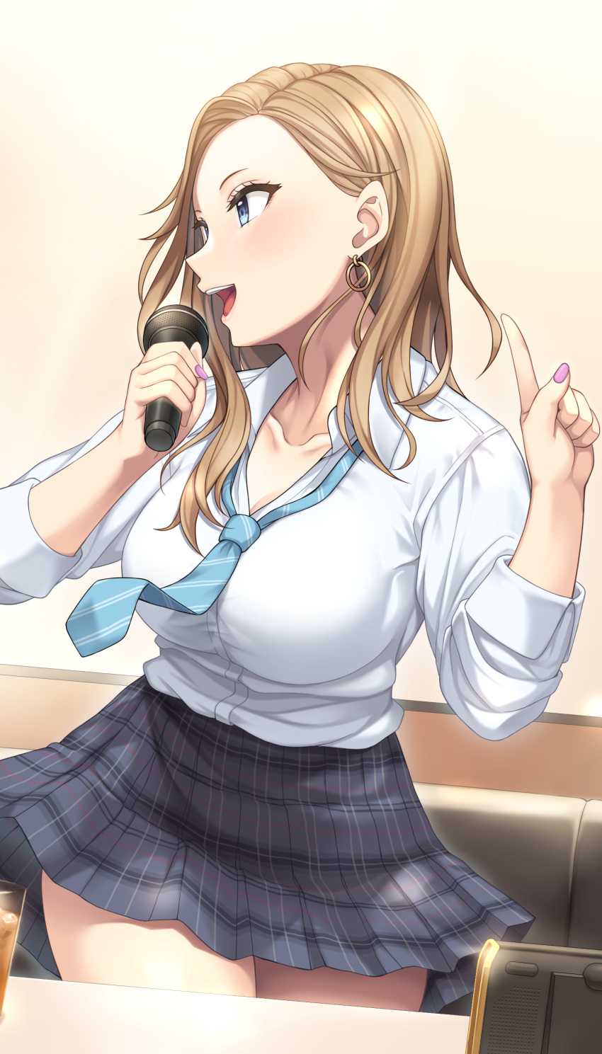 1girl, :d, absurdres, black_skirt, blonde_hair, blue_eyes, blue_neckwear, blush