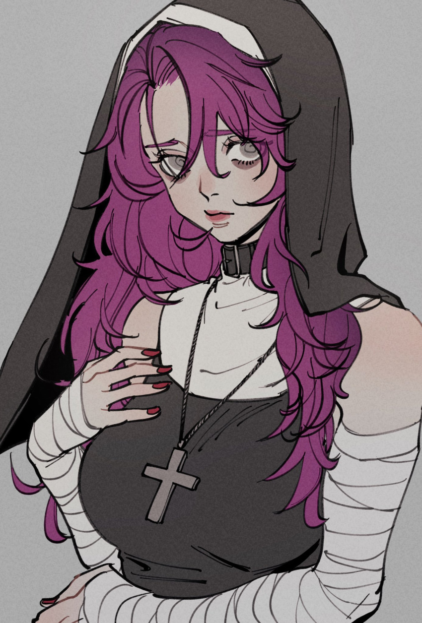 1girl, act_(a_moso), bandaged_arm, bandages, black_collar, closed_mouth, collar, commission