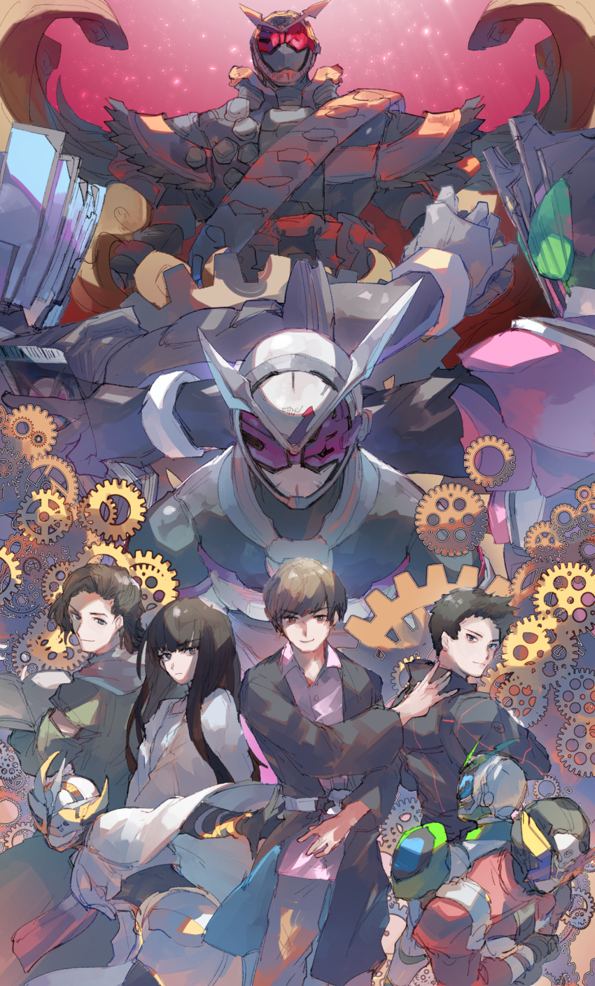 2girls, 6+boys, arm_up, armor, bangs, belt, black_bodysuit, black_coat