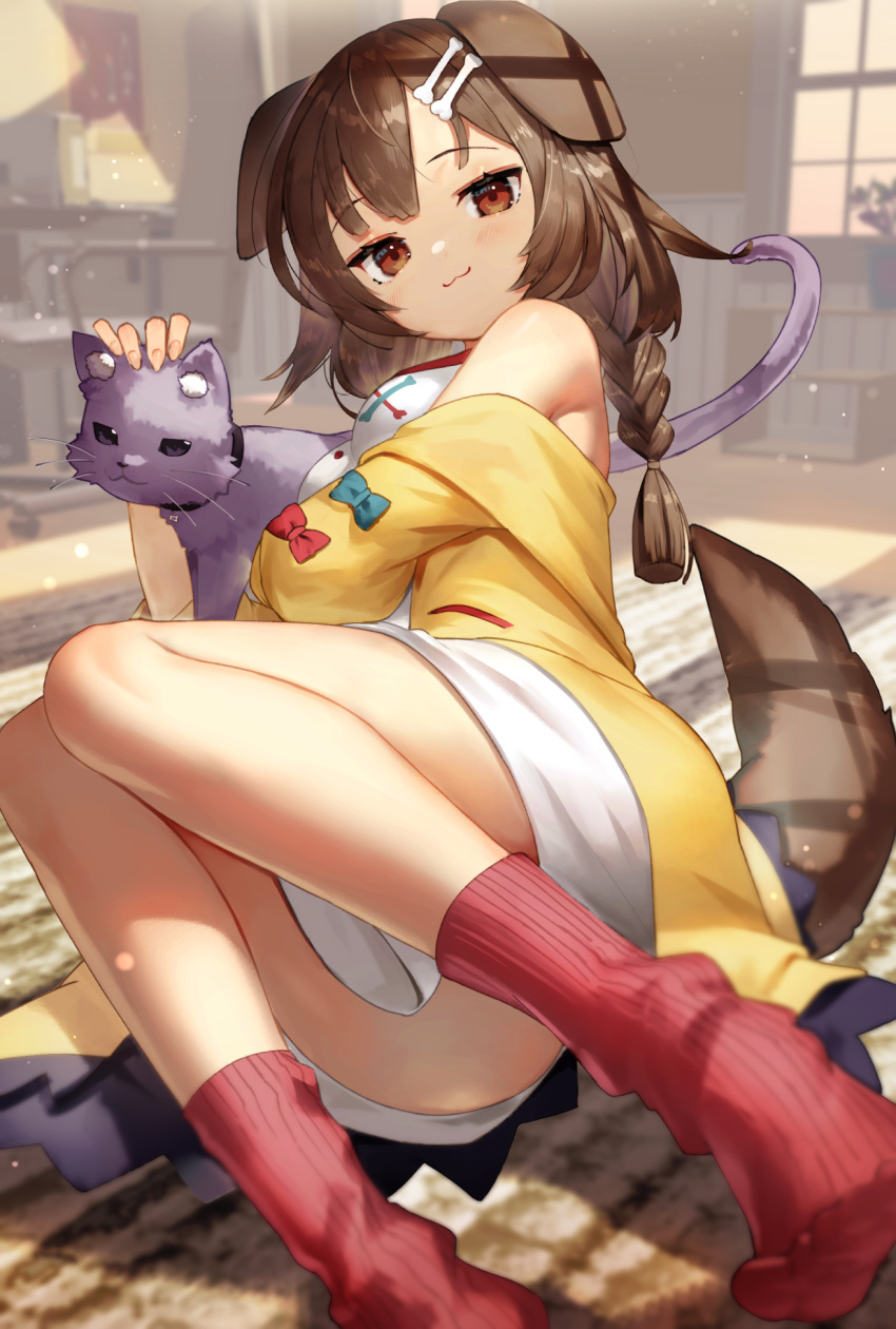 1girl, :3, animal_collar, animal_ears, bare_shoulders, blush, bone_hair_ornament, braid, breasts, brown_eyes, brown_hair, cat, collar, dog_ears, dog_girl, eyebrows_visible_through_hair, feet, fingernails, hair_between_eyes, hair_ornament, happy, highres, hololive, inugami_korone, jacket, long_hair, looking_at_viewer, low_twin_braids, off_shoulder, pocket, purple_cat, red_legwear, sukocchi, tail, twin_braids, virtual_youtuber, yellow_jacket