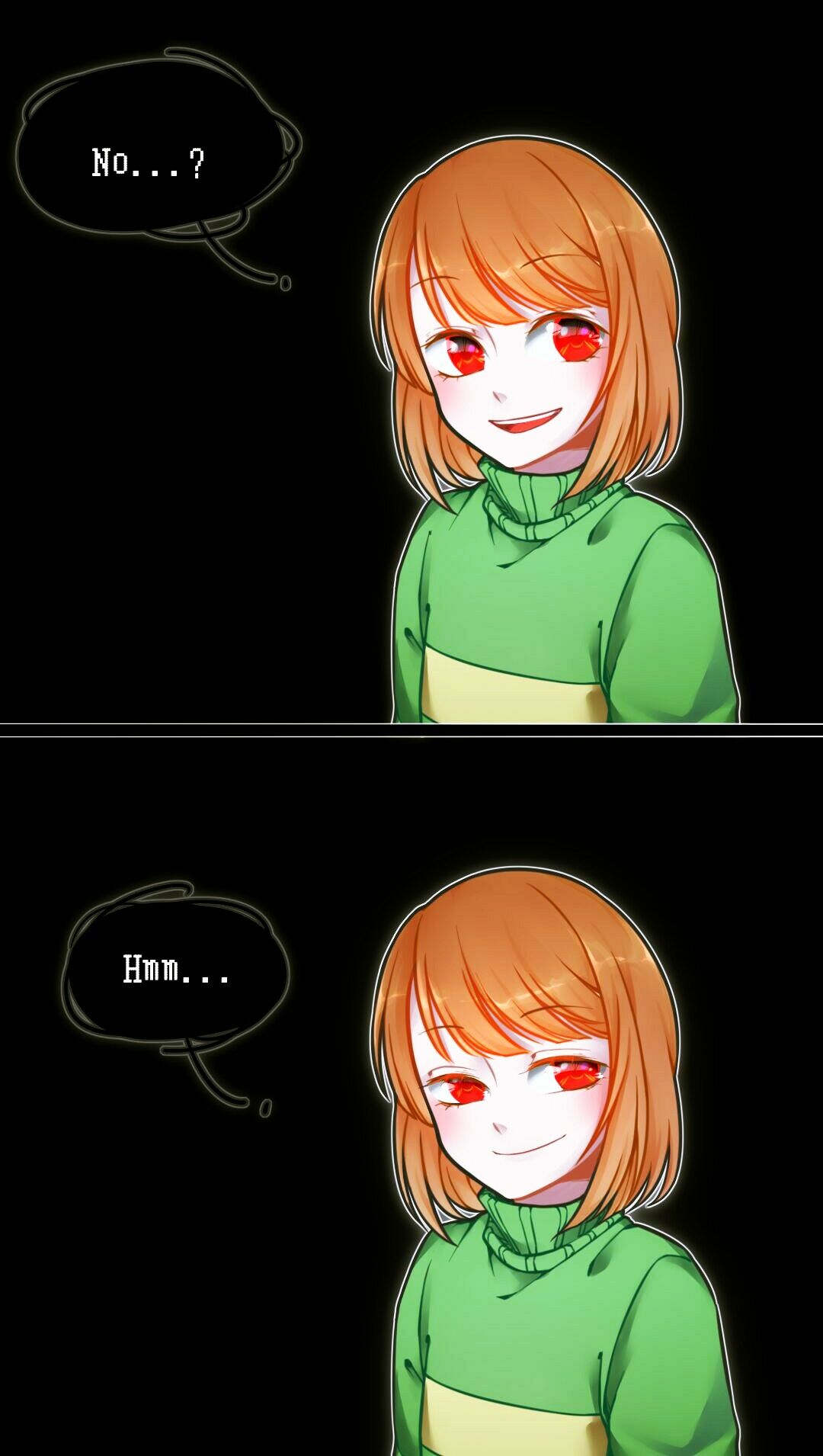 1other, black_background, blind_bridy, chara_(undertale), commentary_request, dark_background, english_text, eyebrows_visible_through_hair