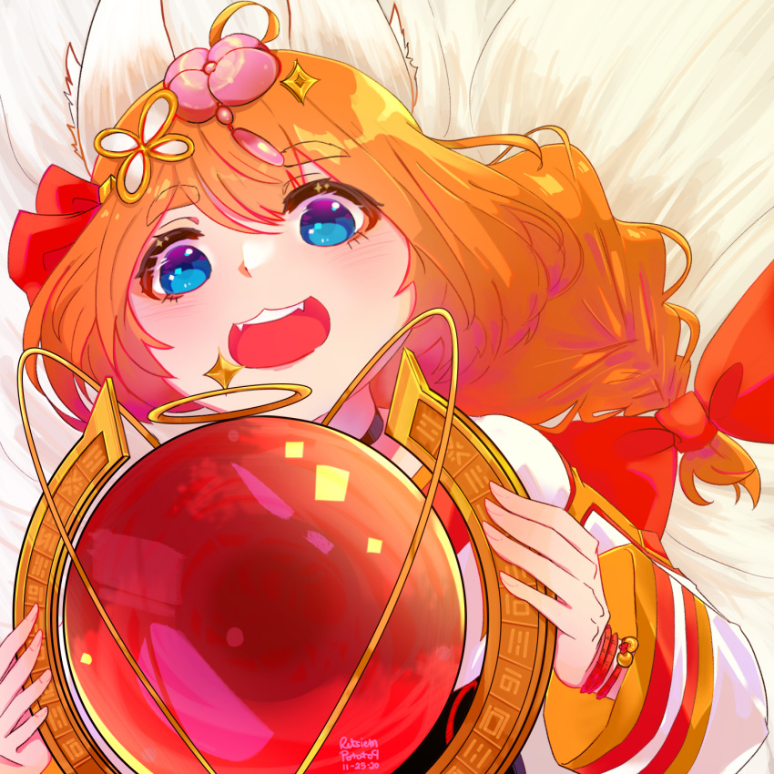 1girl, blue_eyes, eight-tailed_fox_nari, fox_girl, grin, guardian_tales, hair_ornament, highres, holding, holding_weapon, long_hair, open_mouth, orange_hair, orb, red_ribbon, ret, ribbon, smile, teeth, upper_teeth, weapon