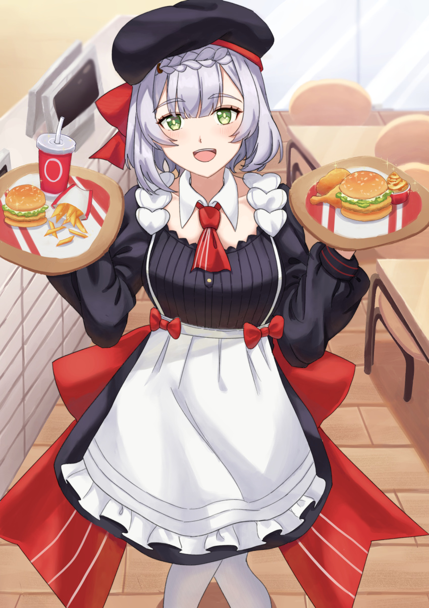 1girl, absurdres, beret, black_headwear, blush, bryantlee998, drinking_straw, food