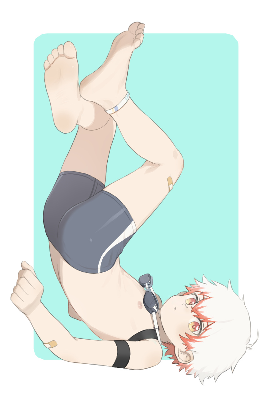 1boy, absurdres, ankleband, armband, ass, bandaid, bandaid_on_arm, bandaid_on_leg, bangs, barefoot, blue_male_swimwear, clenched_hand, feet, from_side, goggles, goggles_around_neck, highres, looking_at_viewer, luye_yuan, male_focus, male_swimwear, multicolored_hair, nipples, original, outside_border, parted_lips, redhead, short_hair, soles, solo, swim_briefs, swimwear, top-down_bottom-up, upside-down, white_hair
