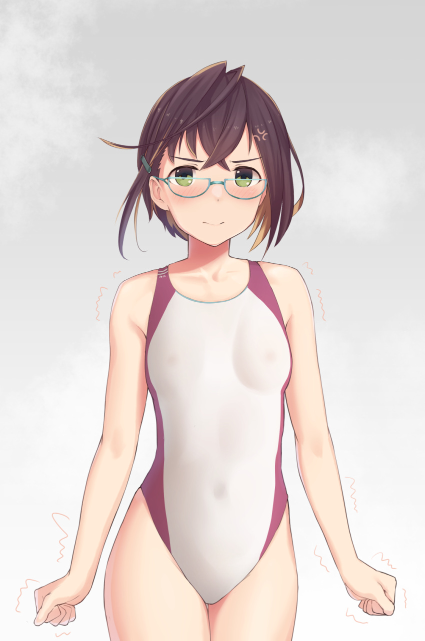 1girl, alternate_costume, blue-framed_eyewear, blush, breasts, brown_hair, commentary_request, competition_swimsuit