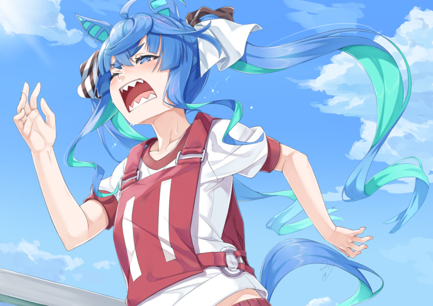 1girl, ahoge, animal_ears, bangs, blue_eyes, blue_hair, blue_sky, blush