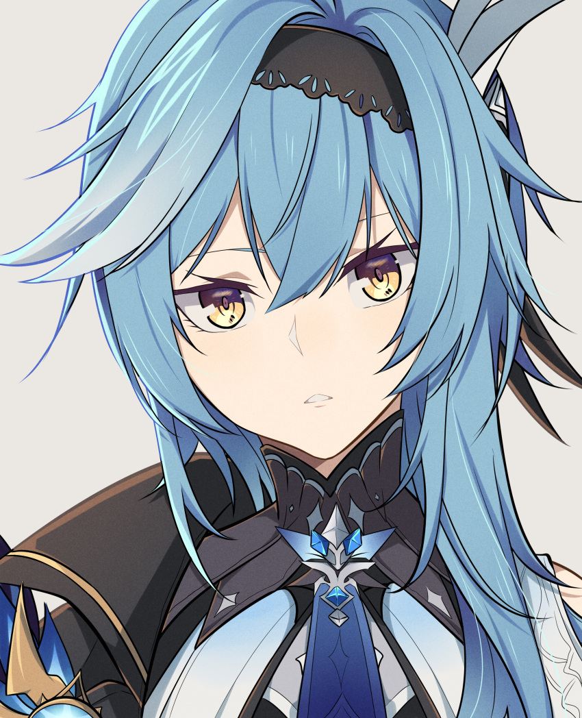 1girl, absurdres, bangs, blue_hair, eula_(genshin_impact), face, genshin_impact, grey_background