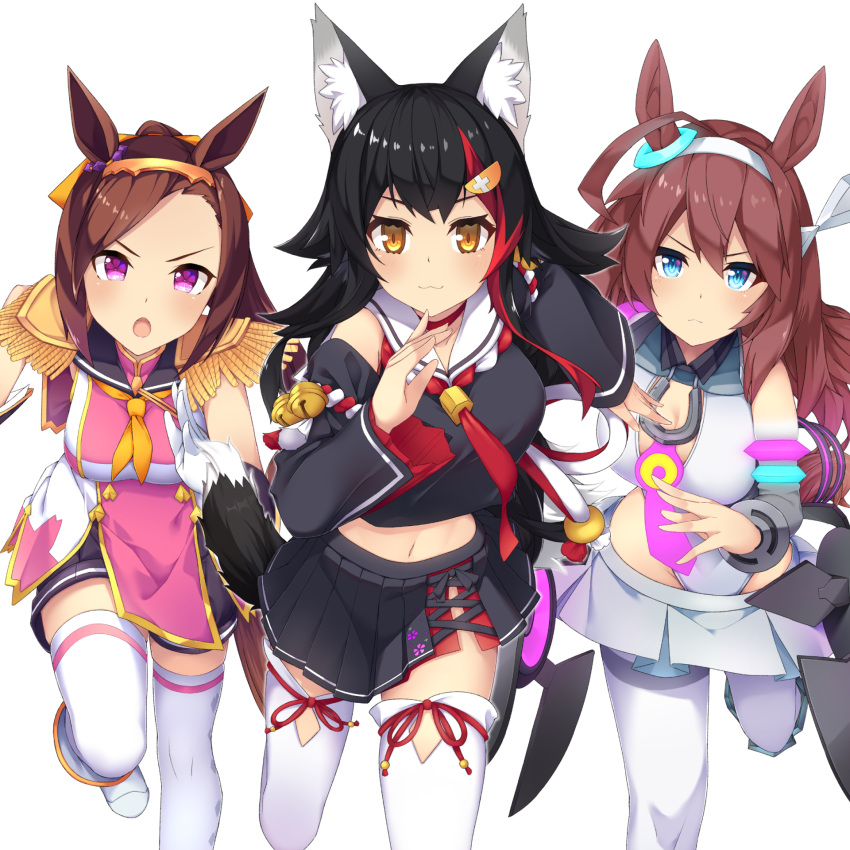 3girls, ahoge, animal_ear_fluff, animal_ears, bangs, black_hair, black_shirt, black_skirt