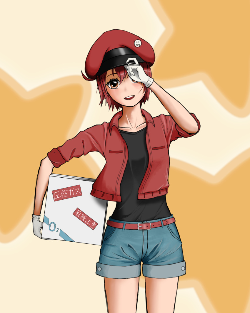 1girl, absurdres, ae-3803, ahoge, bangs, black_shirt, box, brown_eyes, cabbie_hat, cardboard_box, collarbone, commentary, cowboy_shot, denim, denim_shorts, gloves, hair_between_eyes, hand_on_headwear, hat, hataraku_saibou, head_tilt, highres, holding, holding_box, jacket, light_blush, loadhe, open_clothes, open_jacket, open_mouth, red_blood_cell_(hataraku_saibou), red_headwear, red_jacket, redhead, salute, shirt, short_hair, shorts, smile, solo, standing, star_(symbol), thigh_gap, upper_teeth, white_gloves, yellow_background