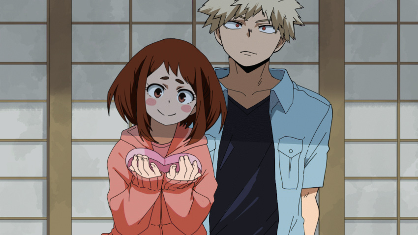 1boy, 1girl, animated, animated_gif, bakugou_katsuki, bangs, blinking, blonde_hair