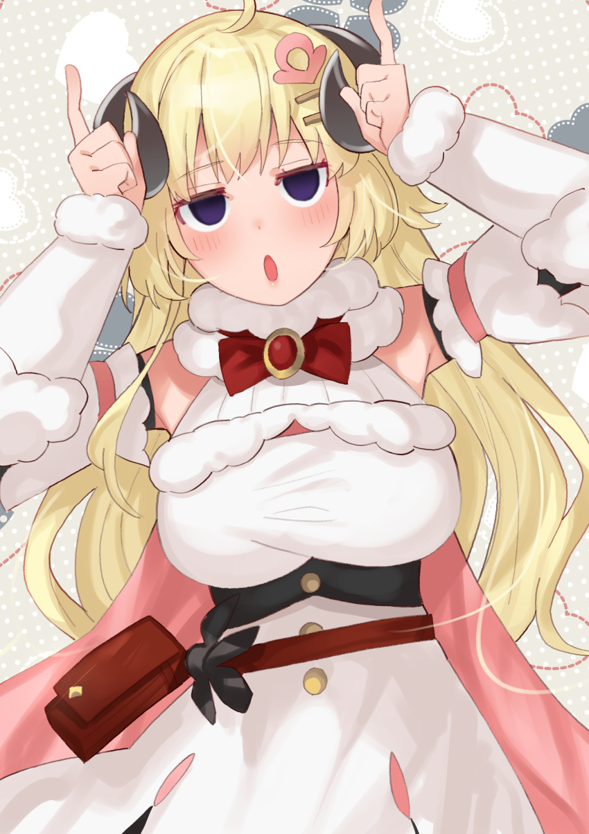 1girl, absurdres, ahoge, belt_pouch, blonde_hair, breasts, detached_sleeves, dress, empty_eyes, finger_horns, fur-trimmed_dress, fur_trim, hair_ornament, hairclip, highres, hololive, horns, horns_pose, index_fingers_raised, large_breasts, long_hair, open_mouth, pouch, sheep_girl, sheep_horns, sleeveless, sleeveless_dress, solo, tonarikeru, tsunomaki_watame, upper_body, very_long_hair, violet_eyes, virtual_youtuber, white_dress