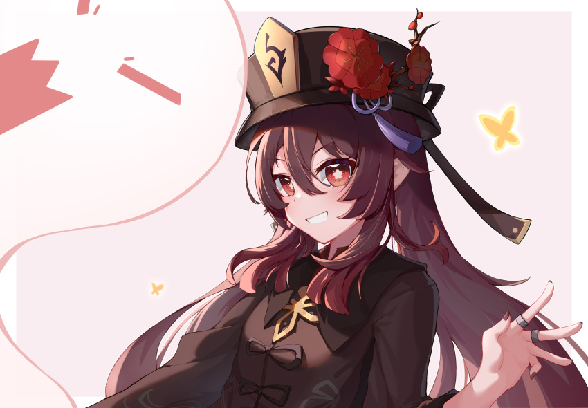 1girl, absurdres, black_headwear, black_nails, closed_eyes, commentary_request, fingers, flower