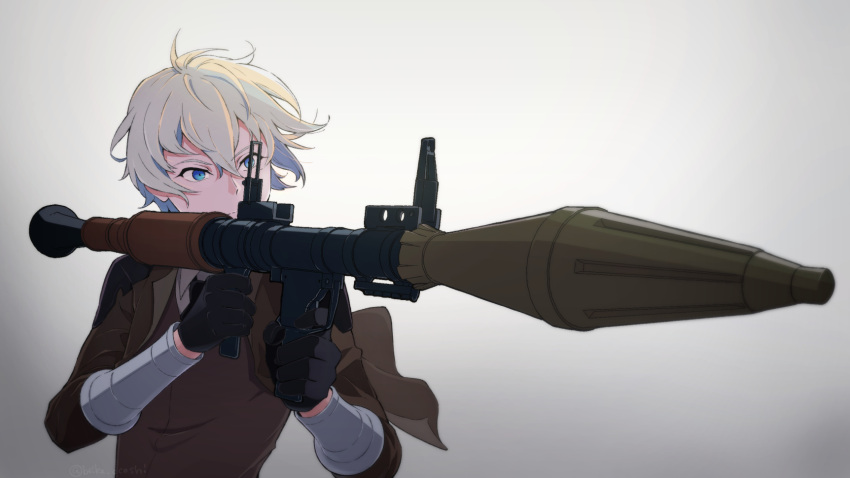 1boy, ahoge, aiming, billy_the_kid_(fate), bishounen, black_gloves, black_neckwear, blonde_hair, blue_eyes, brown_jacket, brown_vest, closed_mouth, collared_shirt, eyelashes, fate/grand_order, fate_(series), furrowed_eyebrows, gloves, highres, holding, holding_weapon, jacket, looking_ahead, male_focus, rocket_launcher, rpg, rpg-7, serious, shirt, short_hair, simple_background, solo, thunderstriker, tsurime, vest, wavy_hair, weapon