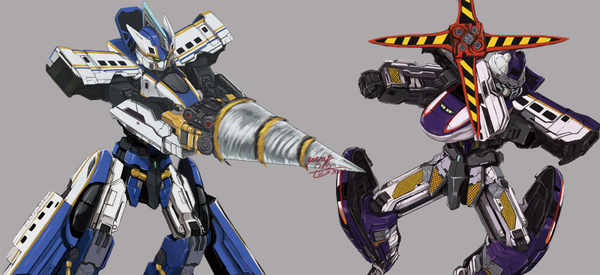 blue_eyes, drill, e3_tsubasa_(shinkalion), e6_komachi_(shinkalion), geri_kumaarashi, green_eyes, grey_background, holding