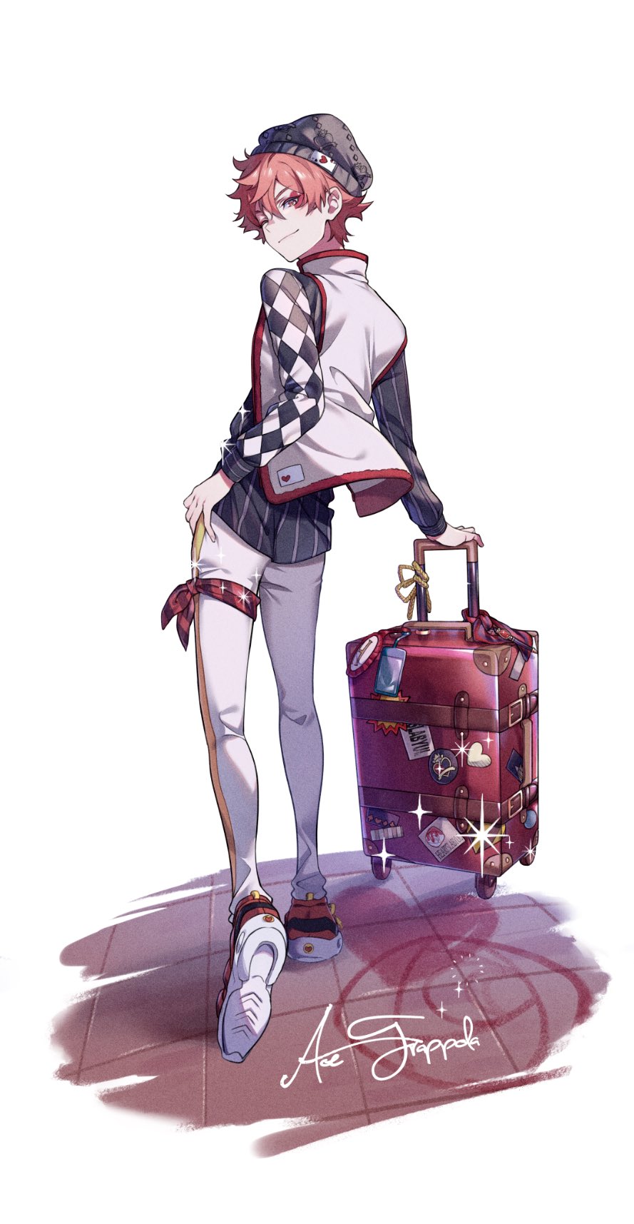 1boy, ace_of_hearts, ace_trappola, alternate_costume, argyle, award_ribbon, bandana, beanie