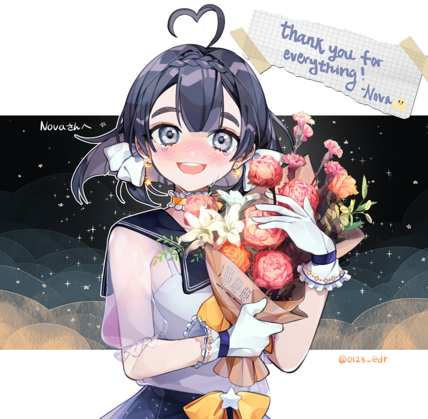 1girl, ahoge, black_skirt, blush, bouquet, bow, crying, crying_with_eyes_open, english_commentary, english_text, flower, gloves, grey_eyes, heart_hair, highres, holding, holding_bouquet, indie_virtual_youtuber, kkyu_kyu, open_mouth, orange_flower, red_flower, ryusei_nova, sailor_collar, short_hair, skirt, sky, smile, solo, star_(sky), starry_sky, tears, twitter_username, virtual_youtuber, white_flower, white_gloves, yellow_bow