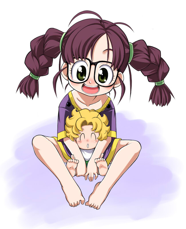 barefoot, blonde_hair, braid, dr._slump, feet, glasses, green_eyes, norimaki_arale