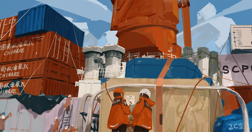 2girls, brown_hair, chinese_text, clouds, container_ship, dated, english_text, helmet, highres, jacket, ladder, multiple_girls, multiple_others, orange_headwear, orange_jacket, original, railing, ship, shipping_container, signature, smokestack, watercraft, white_headwear, wide_shot, writing, xilmo