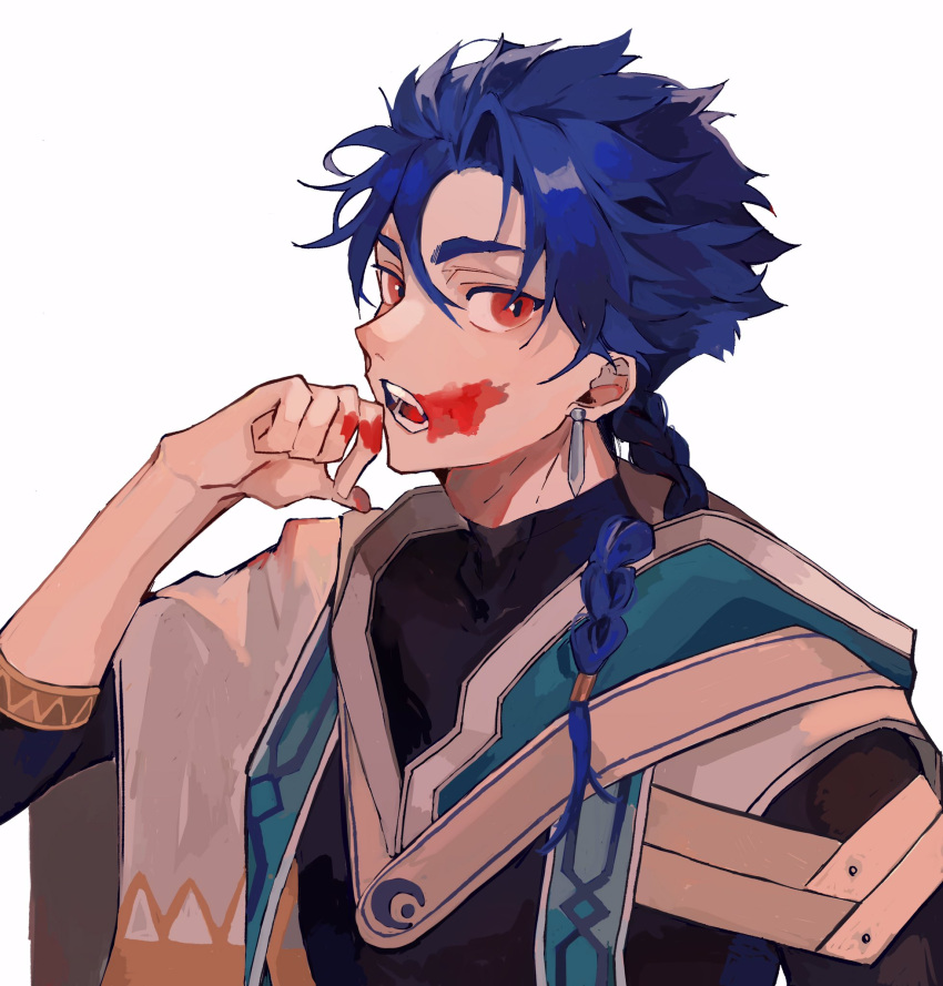 1boy, asymmetrical_bangs, asymmetrical_clothes, bangs, blood, blood_on_face, blue_hair, braid