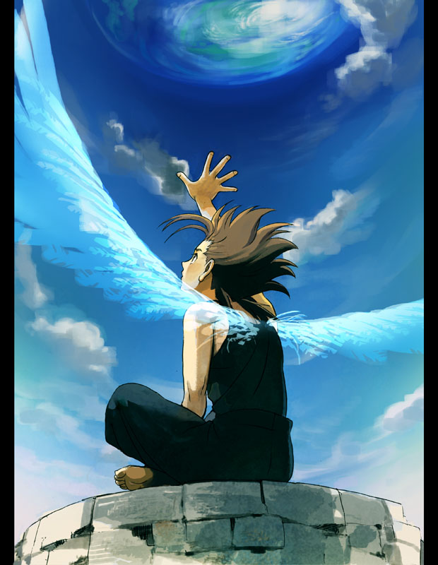 arm_up, barefoot, brown_hair, cloud, from_behind, lloyd_irving, male, pants