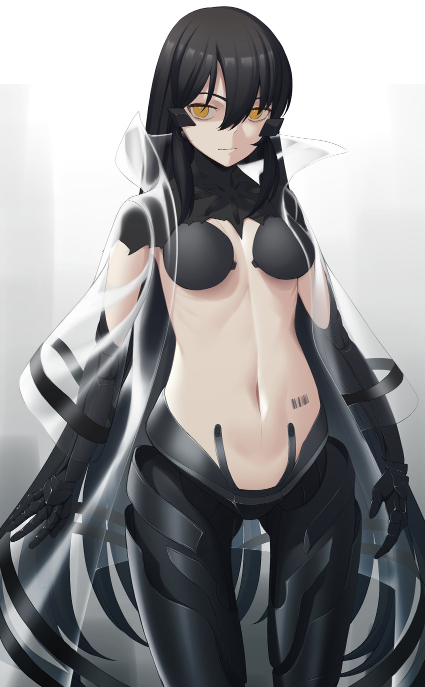 1girl, absurdres, act_(xadachit), bangs, barcode_tattoo, black_hair, breasts, closed_mouth