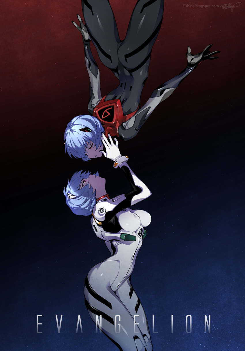 alternate_costume, ayanami_rei, black_bodysuit, black_gloves, blue_background, blue_hair, bodysuit, breasts