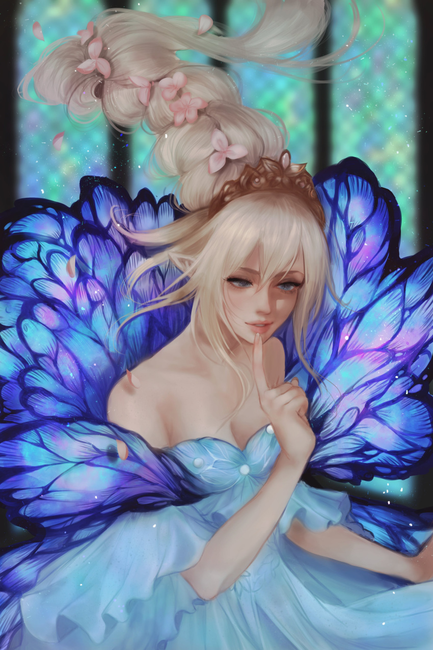 1girl, absurdres, bare_shoulders, blonde_hair, blue_dress, blue_eyes, blue_wings, breasts