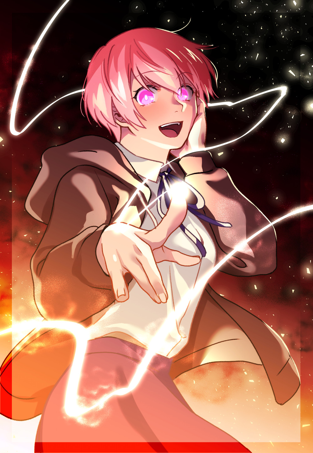 1girl, :d, en'en_no_shouboutai, fire, grin, hand_on_own_cheek, hand_on_own_face, highres
